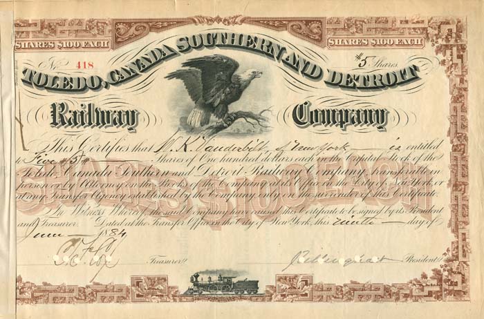 Toledo, Canada Southern and Detroit Railway Co. signed by Wm. K. Vanderbilt